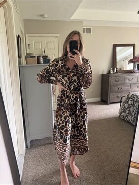 Italian Made 100% Cotton Leopard Print Button Front Midi Dress
